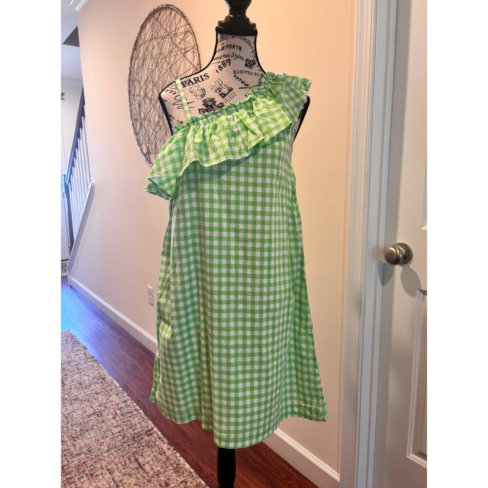 Crewcuts by J. Crew Green/White Gingham Cold Shoulder Ruffle Dress size Girls 14